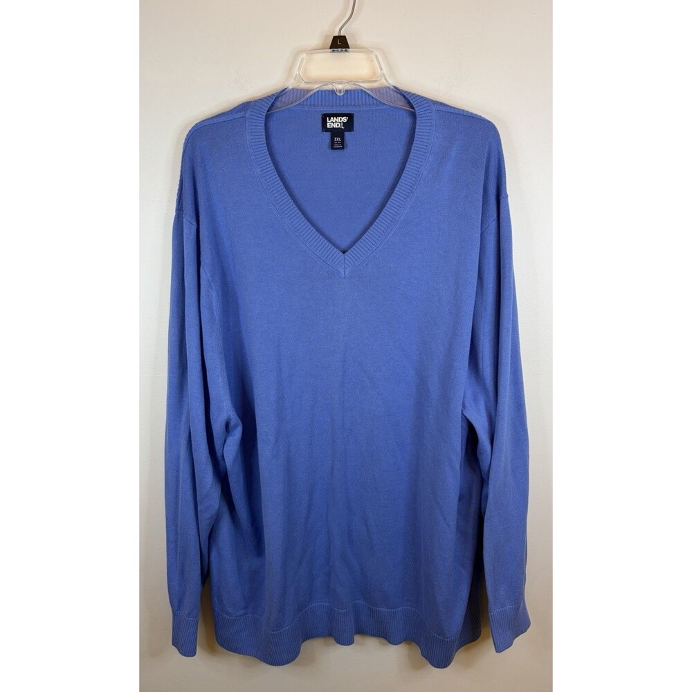 LANDS END Men's V-Neck Pullover Sweater 3XL Blue Lightweight Cotton Knit Classic
